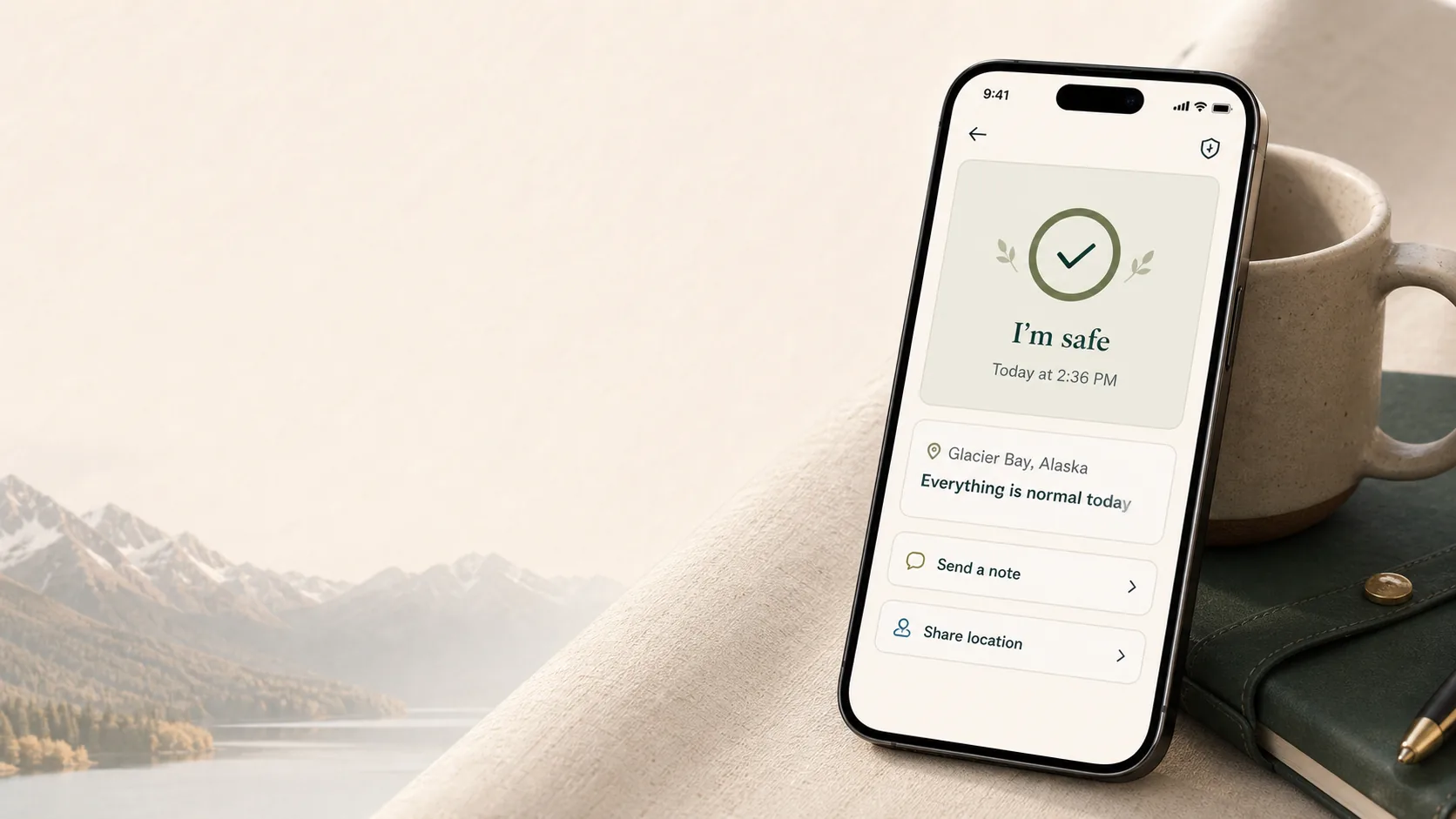 Vocevia daily check-in screen on a polished phone beside a warm travel notebook and mountain view.