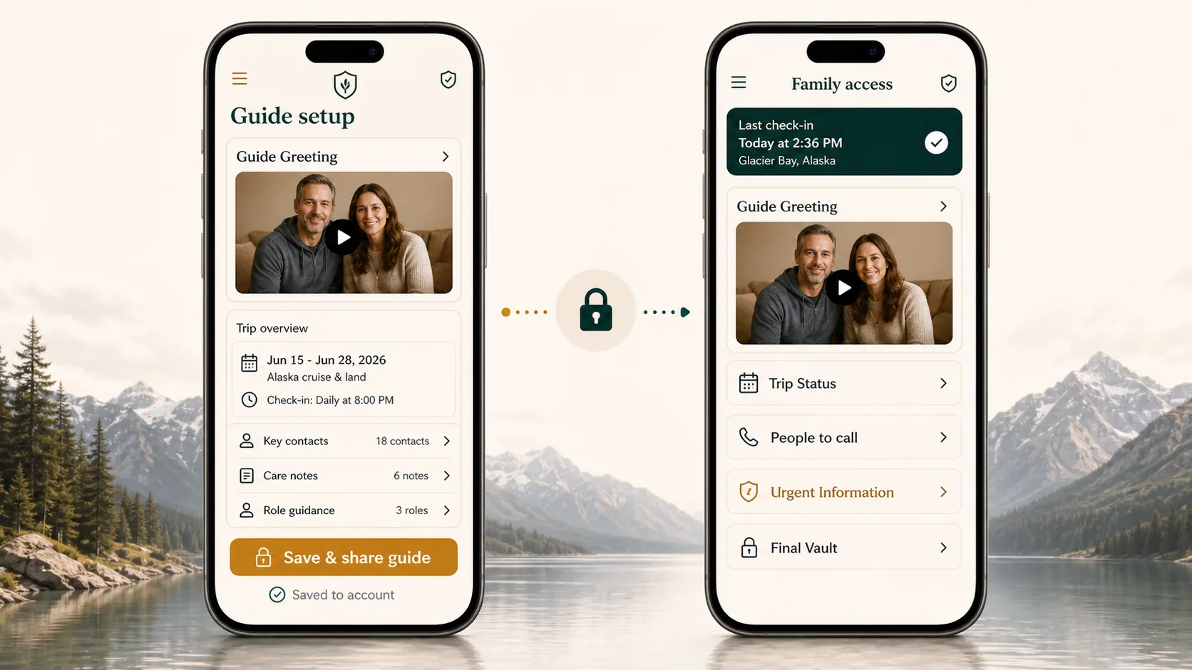 Two polished Vocevia phone screens showing guide setup, an Opening message, Save and share, and family access connected by a secure lock handoff.