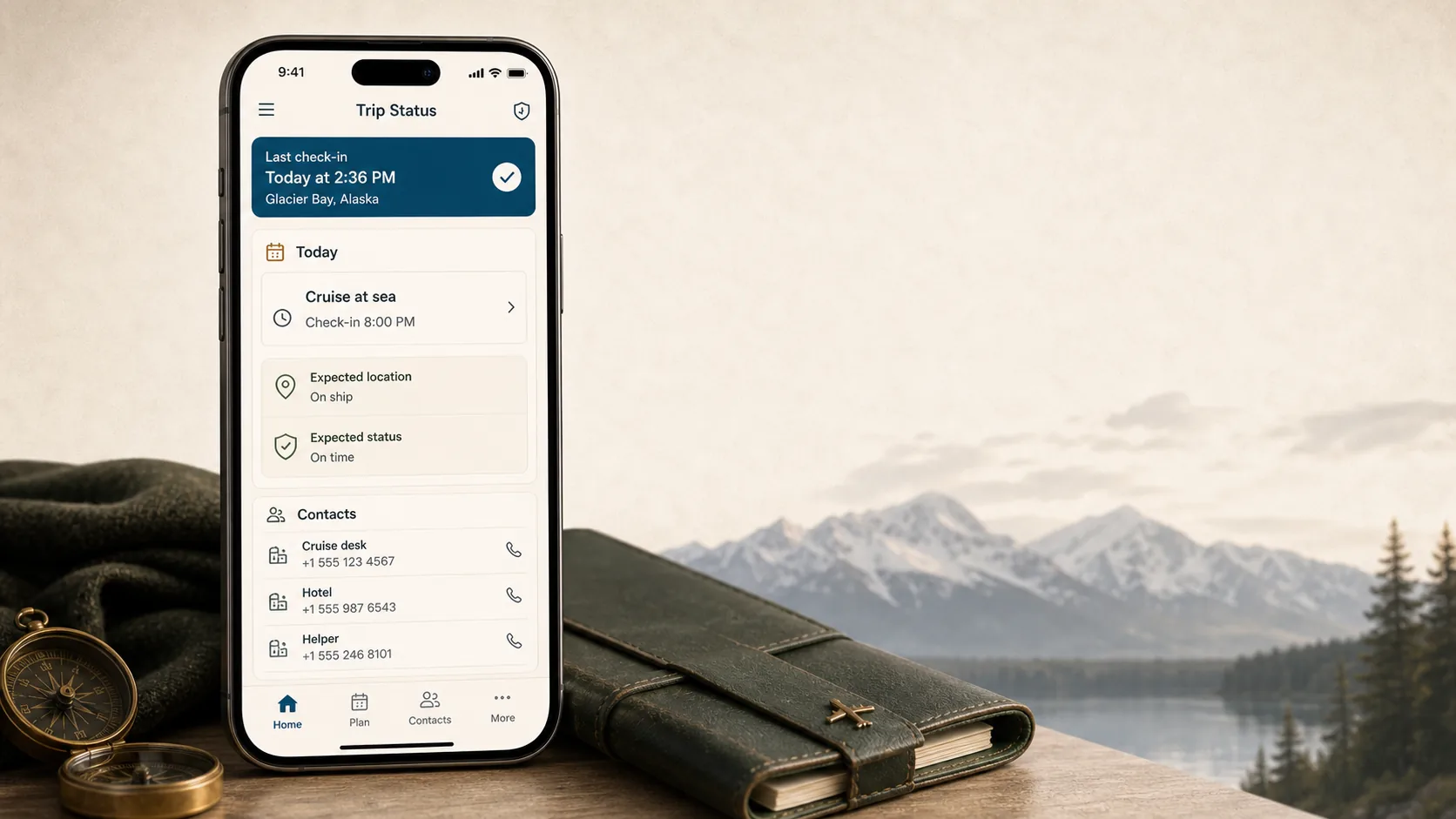 Vocevia trip status screen showing last check-in, expected location, and day-specific contacts.