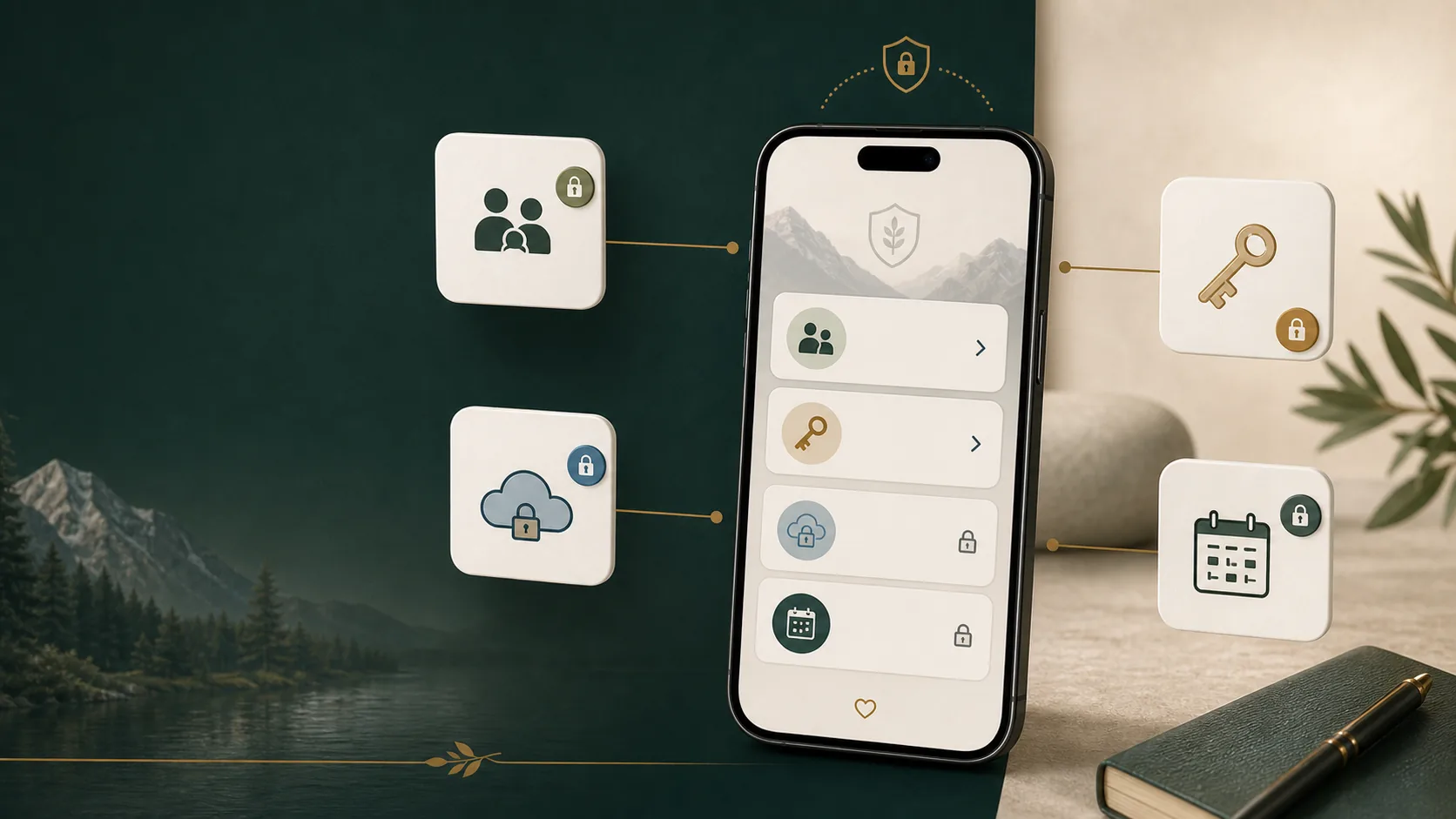 Vocevia trust model visual with a phone and floating privacy, phrase, encryption, and date-gate icons.