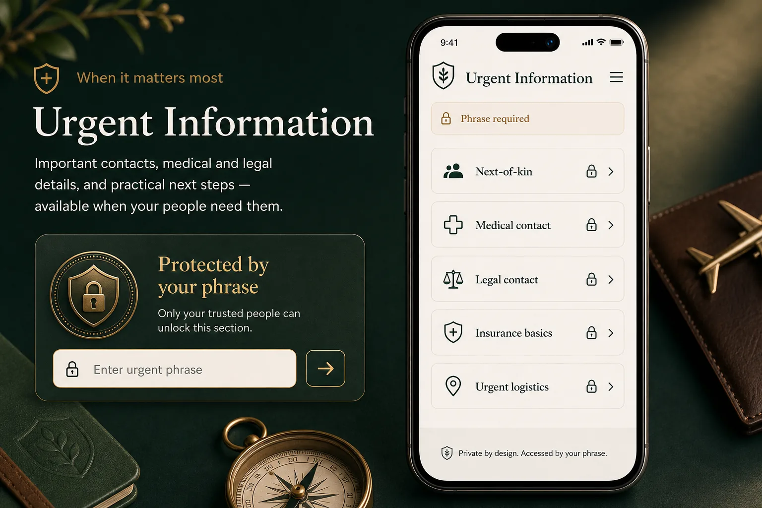 Vocevia Urgent Information screen with phrase-required sections and a protected lock panel.