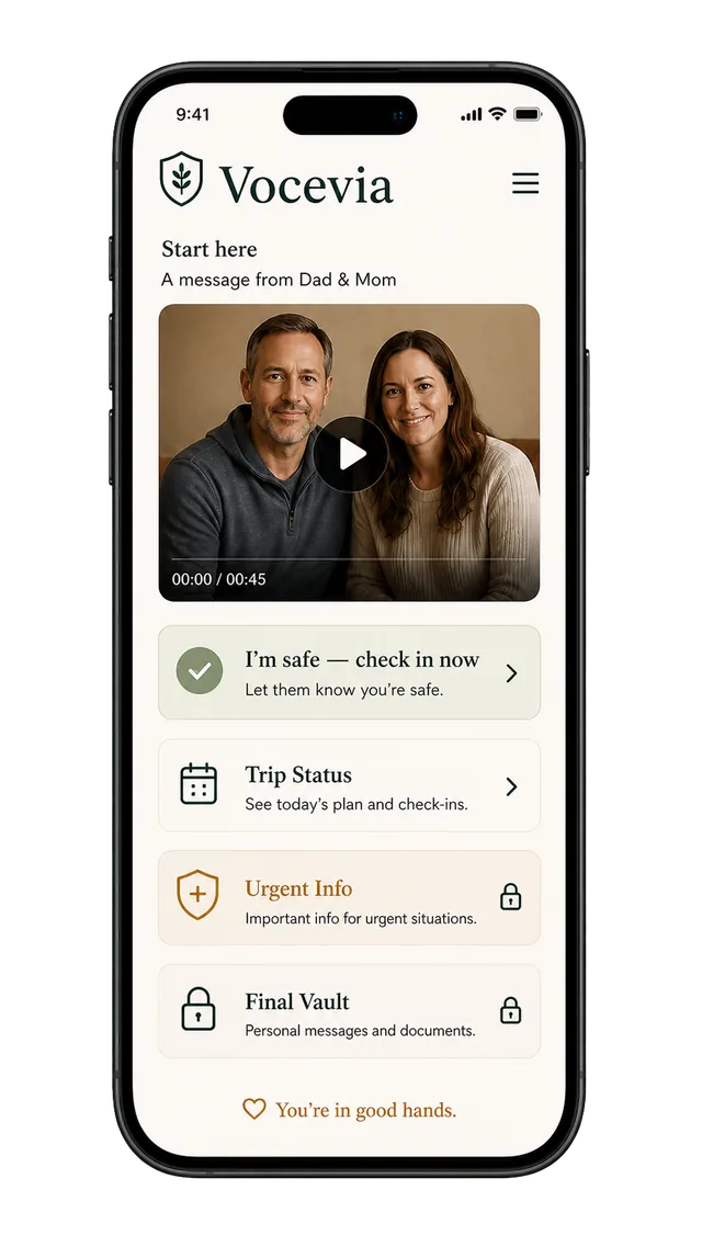 Vocevia guide home screen on a phone showing an Opening message, check-in, trip status, Urgent Information, and Final Vault.